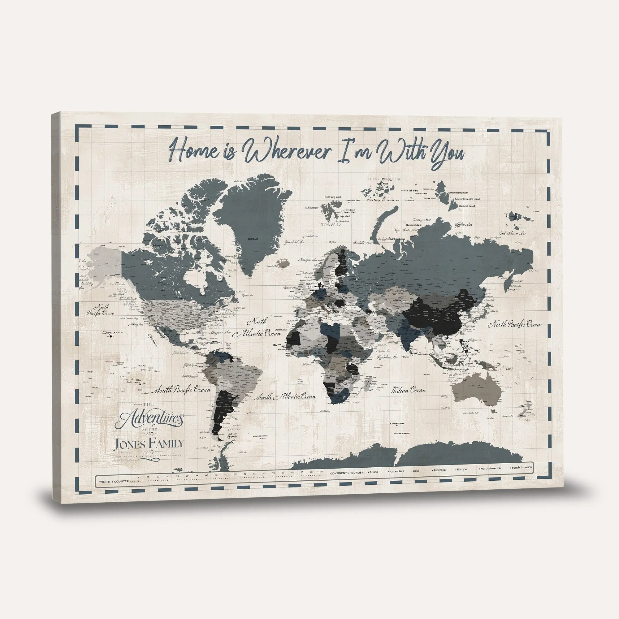 Framed Blue Custom Push Pin World Map Canvas Print – Personalized Travel Map Wall Art