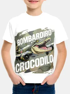 Summer New Kids Short Sleeve Unisex 3D Digital Print Crocodile Jet Fun Pattern T-Shirt, Trendy Military Style Casual Top
