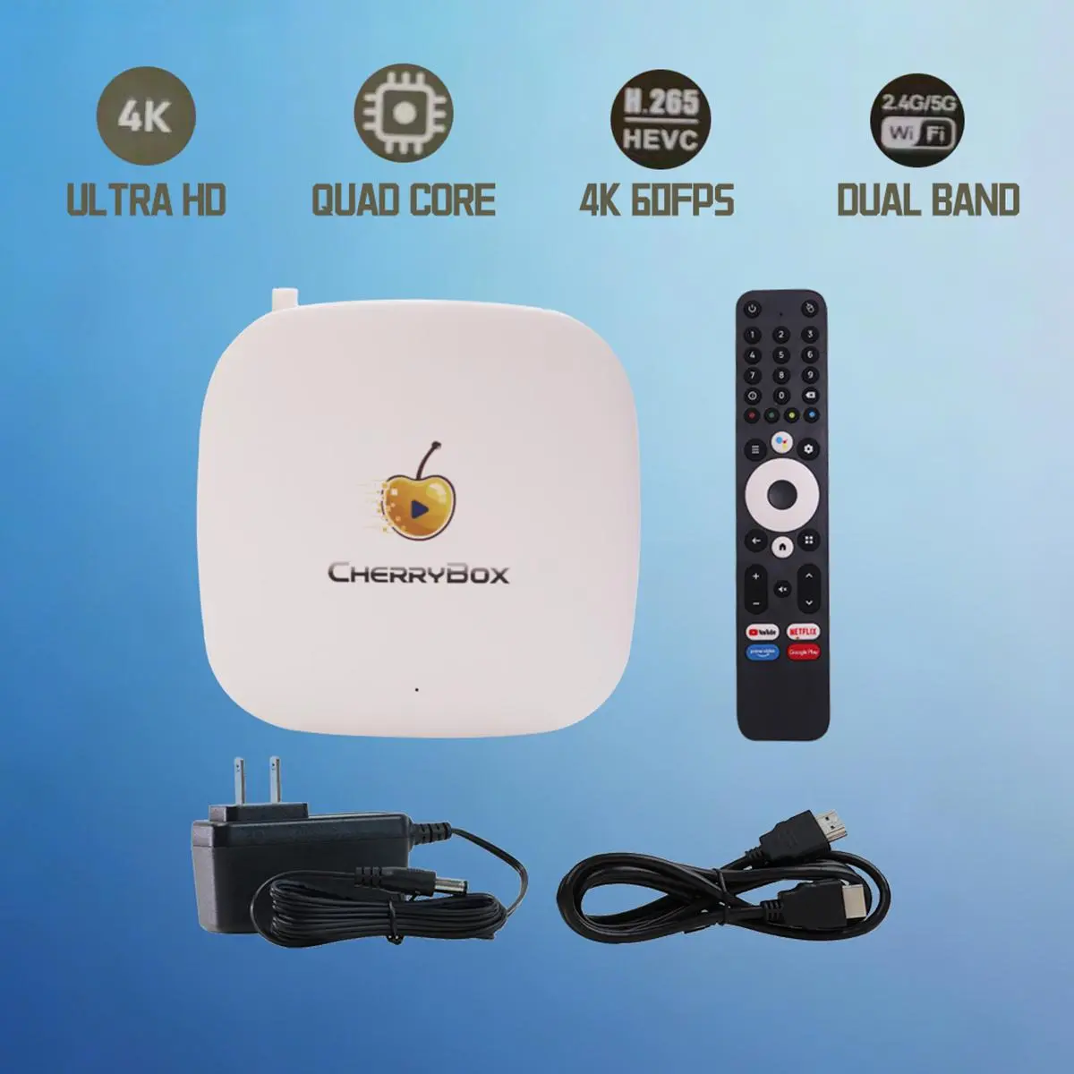 Cherry 2026 Smart Voice Remote Control Set for Streaming Media Devices, 2-Prong Plug, Supports TV, Android, Dolby Audio, Google Assistant, 4K Ultra HD, 2.4G/5.0G WiFi, Bluetooth 5.0, Gigabit Ethernet, HDMI Connection