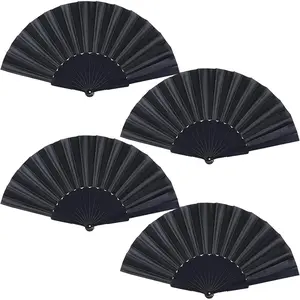 Black Folding Fabric Hand Fans Chinese Japanese Style Summer Handheld Fan for Party, Wedding, Gifts, Wall Decoration, Photographic Props (Black-4pcs)