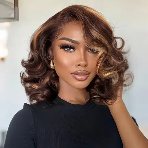 HANA HAIR Women's Human Hair Lace Front Bob Wig - P4/27 Ombre Brown Honey Blonde Highlights, 13x4 HD Lace, 21-23.5 in Short Curly Body Wave, Pre-Plucked Hairline, 200% Density Glueless, Daily Wear & Party Style