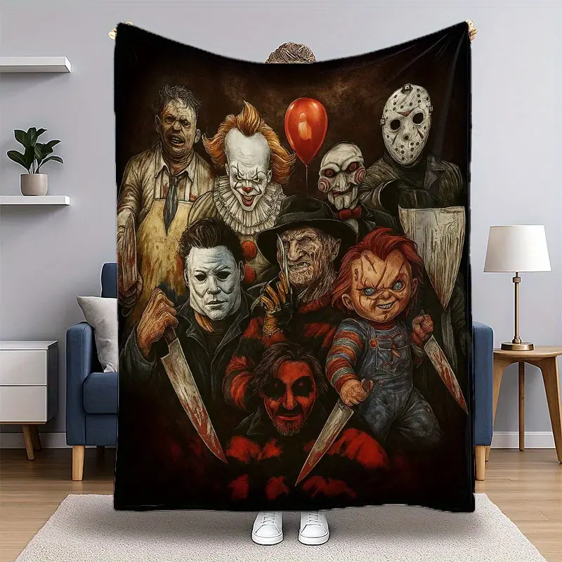 Horror Movie Characters Flannel Blanket Soft All Season Throw Freddy Krueger Jason Pennywise Michael Myers Design Machine Washable Couch Bed Car Decor Perfect Gift for Horror Fans Movie Nights Bed Cover Contemporary Style