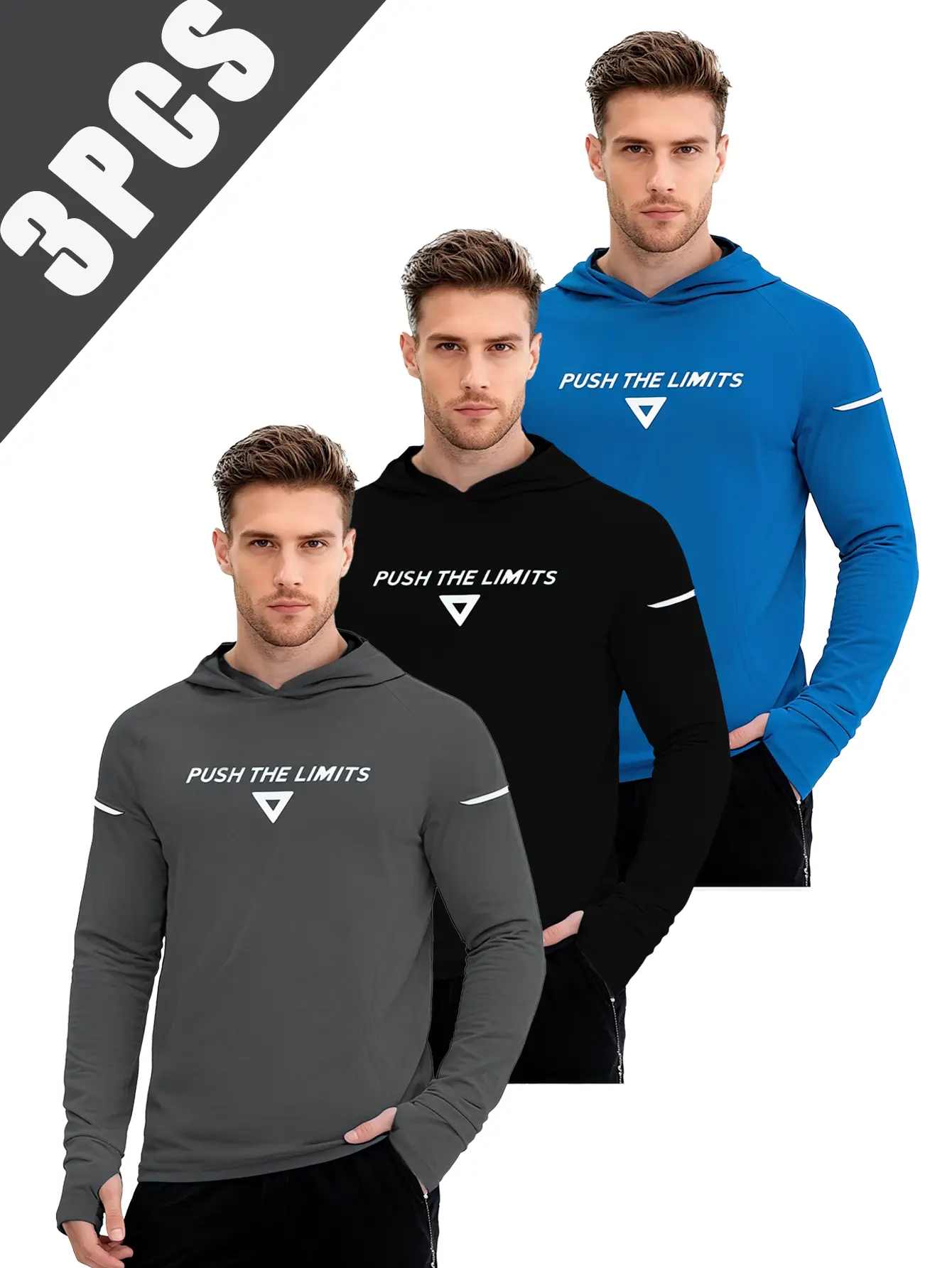 Three-Piece Hooded Long-Sleeve Sweatshirt Set Thumbhole-designed athletic T-shirt with sun protection, ideal for fishing, swimming, and beach activities. Features UV protection, quick-dry, and lightweight properties.