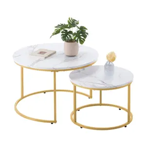 VEVOR Nesting Coffee Table Set of 2, 27.6 in Round Coffee Table, Nesting Tables for Small Place, Vintage End Side Tables Night Stand with Metal Frame, for Living Room, Bedroom, Office (White & Gold)