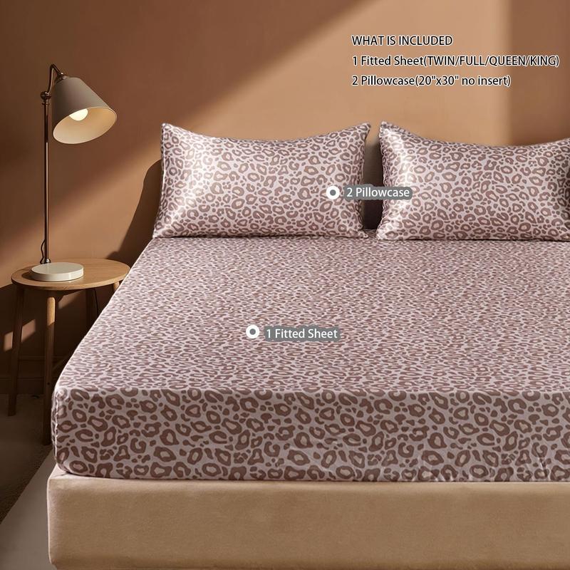 Leopard Print Fitted Sheet & Pillowcase Set, 3 Counts/set Including 1 Count Fitted Sheet & 2 Counts Pillowcase without Filler, Bedding Supplies for Home Bedroom