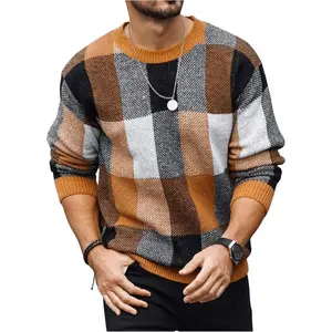 Men's Color Block Plaid Print Long Sleeve Crew Neck Sweater Pullover Tops