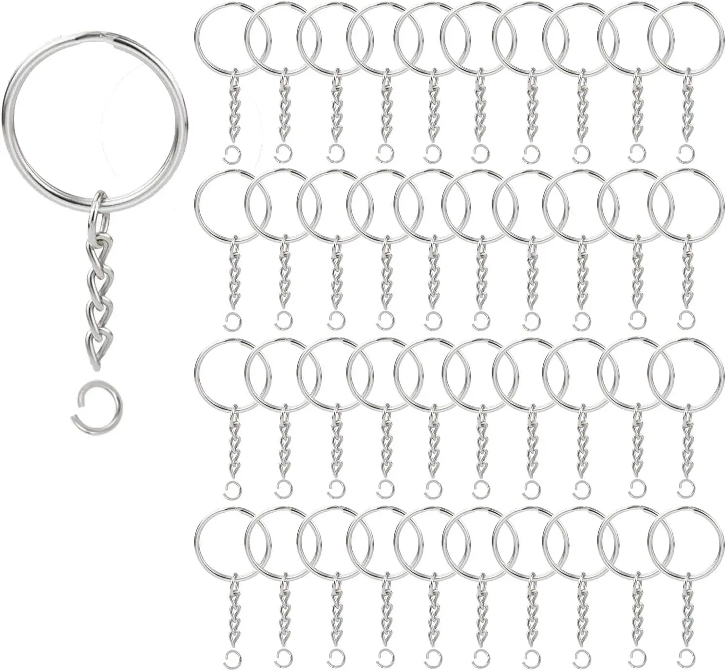 100Pcs Key Ring with Chain and Open Jump,1 inch Split Round Keychain Rings