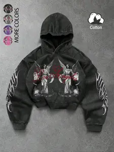 Unisex Street Style Graphic Print Angel Loose Hoodie, Fall & Winter Warm Long Sleeve Sweatshirt, Casual Daily Wear, School, Travel, Streetwear
