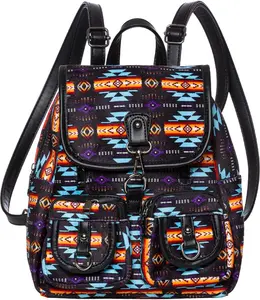 Aztec Small Backpack for Women Casual Mini Daypacks Purse with Adjustable PU Leather Straps High-Quality Cotton Material Southwest Style Design Multiple Pockets