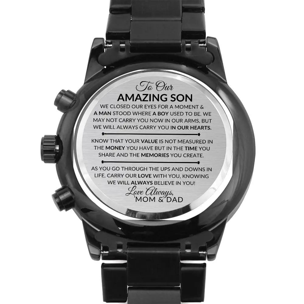 Luxury Classic Fashion Men's Quartz Round Watch - 38Mm Waterproof Engraved Black Chronograph, Stainless Steel Clasp, Calendar, Custom Message, Watch Box, Mom & Dad to Son "I Closed My Eyes" Birthday/Christmas Gift
