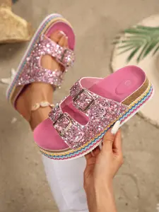 Boho Rhinestone Glitter Decorated Bohemian Trendy Sandals for Women, Summer New Arrival, Double Strap, PU Leather, Rubber Sole, Casual Style, Medium Width, Anti-Slip