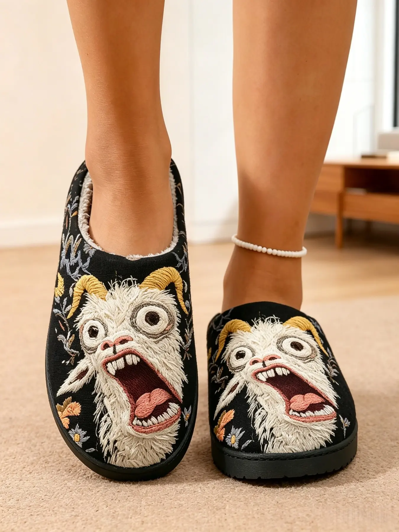 Women's Fashion Funny Goat Embroidery Plush Slip-On Slippers, Non-Slip Soft Sole, Comfortable Home & Outdoor Wear, All Seasons