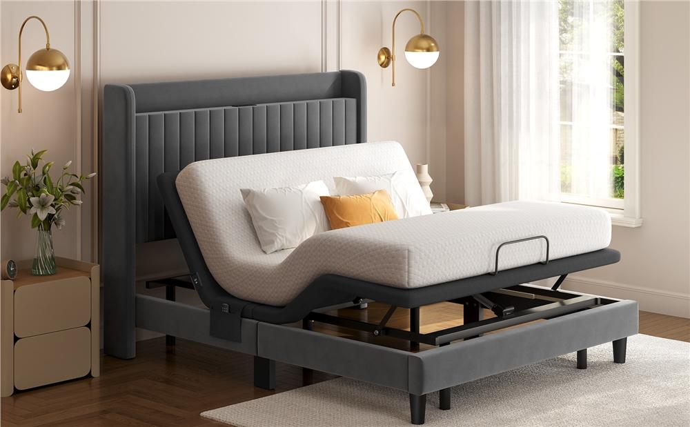 【Massage & Remote】 Yaheetech Adjustable Upholstered Bed Frame, Bed Base W/ Independent Head & Foot Incline, Under-Bed LED Lights, USB Ports, 4 Bed Height Settings, Storage Bag, Easy Assembly