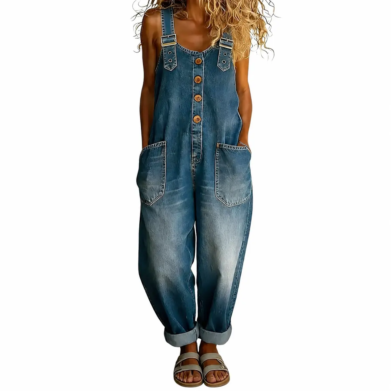 Y2K Wide Leg Denim Bib Overalls for Women, Vintage Button Front Loose Romper