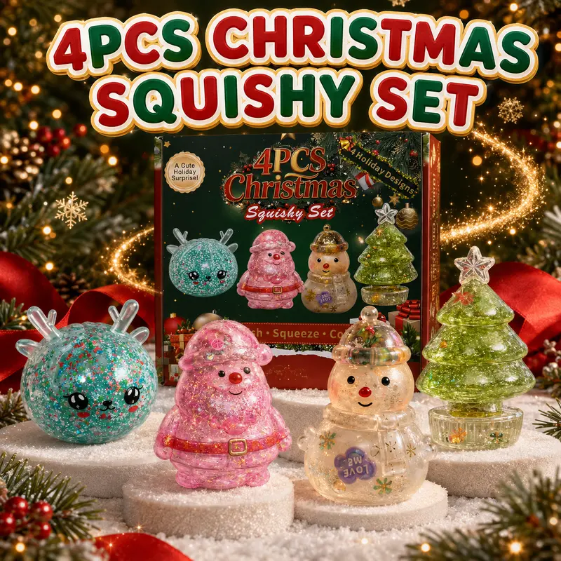 Christmas 4-Pack Squishy Toys, Slow-Rebound Stress Relief Fidget Toys, Soft Sensory Squeeze Toys, 4 Different Holiday Styles, Christmas Gift Set for Kids & Adults