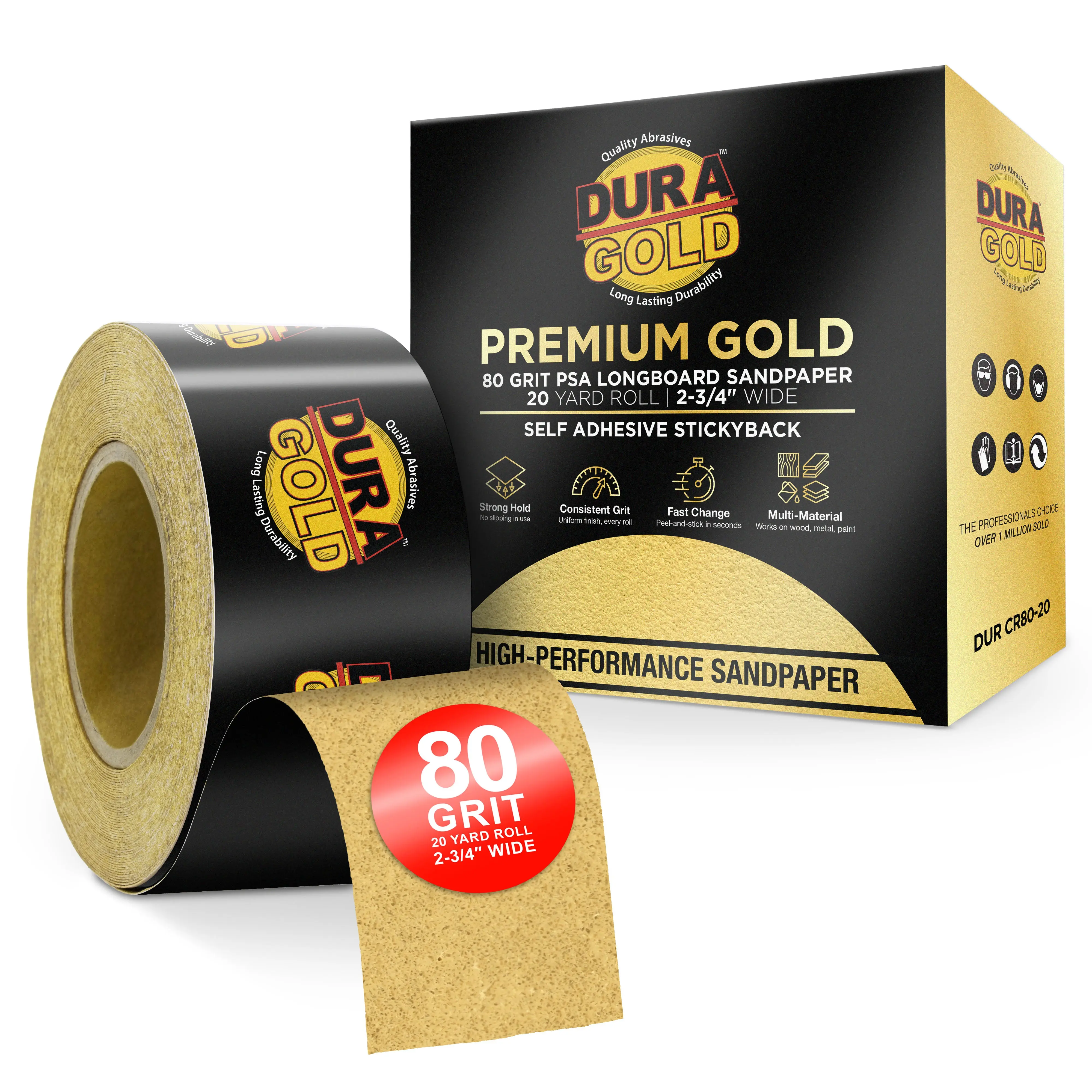 80 Grit Gold - Longboard Continuous Roll PSA Stickyback Self Adhesive Sandpaper 20 Yards Long by 2-3/4" Wide