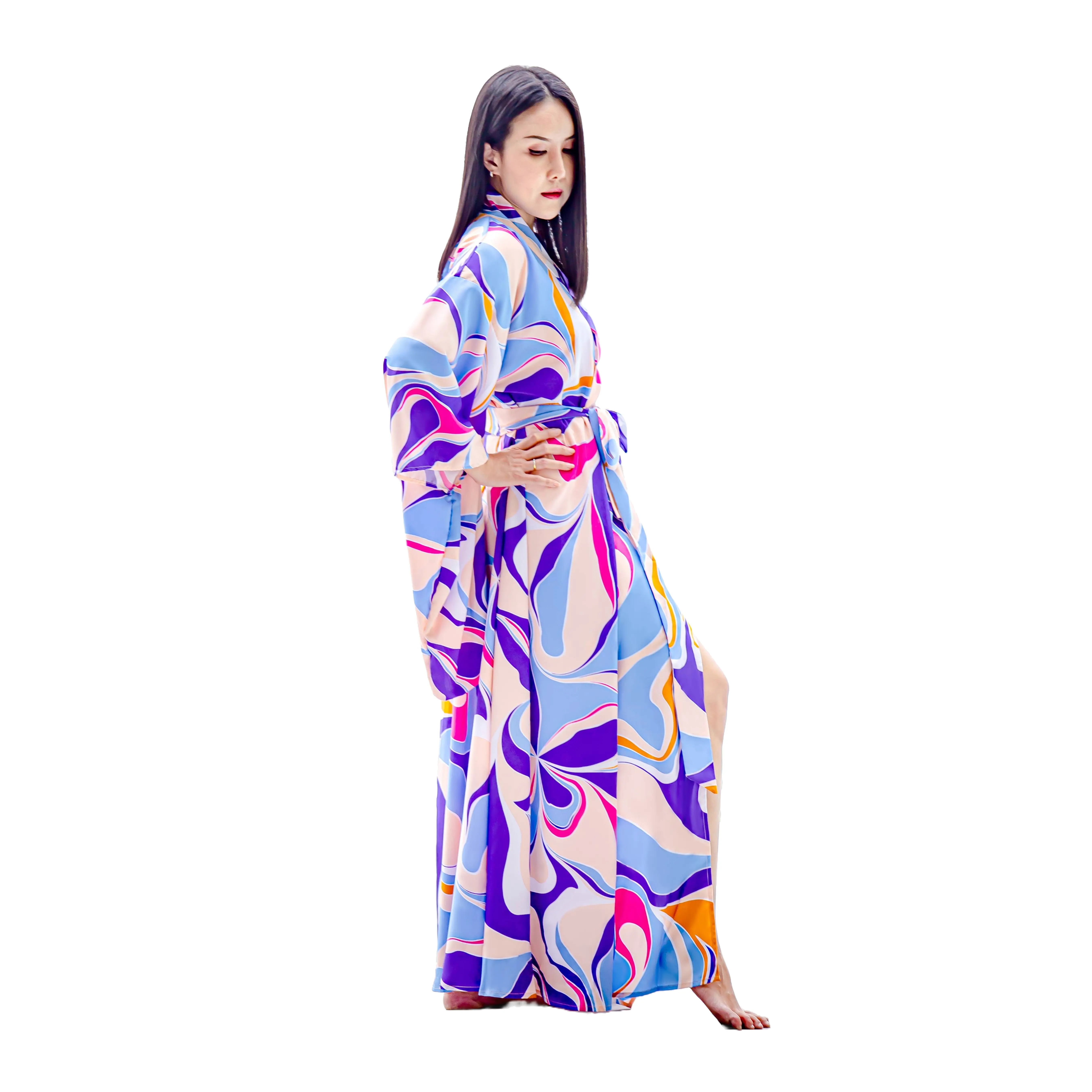 NA'RAK Women's Yukata Kimono Robe : Blue/Gold/Brown Swirls