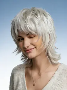 Mullet Wig with Bangs, Straight Pixie Cut, Layered Synthetic Hair, 12 Inch, Rose Net Cap, High Heat Resistant, Ideal for Cosplay, Party, Halloween, Synthetic Material Wigs