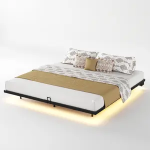 Floating Bed Frame, Metal Platform Bed Frame with LED Lights, Charging Station with 2 Outlets & USB Ports, No Box Spring Needed, Anti-Sliding, Noise Free, Easy Assembly