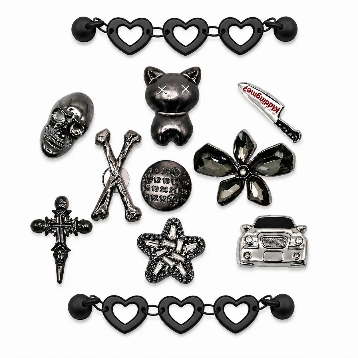 Women's Gothic Bling Metal Shoe Charms Set - Black Heart Chains, Skull, Cat, Knife, Cross, Car, Star, Flower Charms - DIY Clog & Sandal Accessories, Party Favor