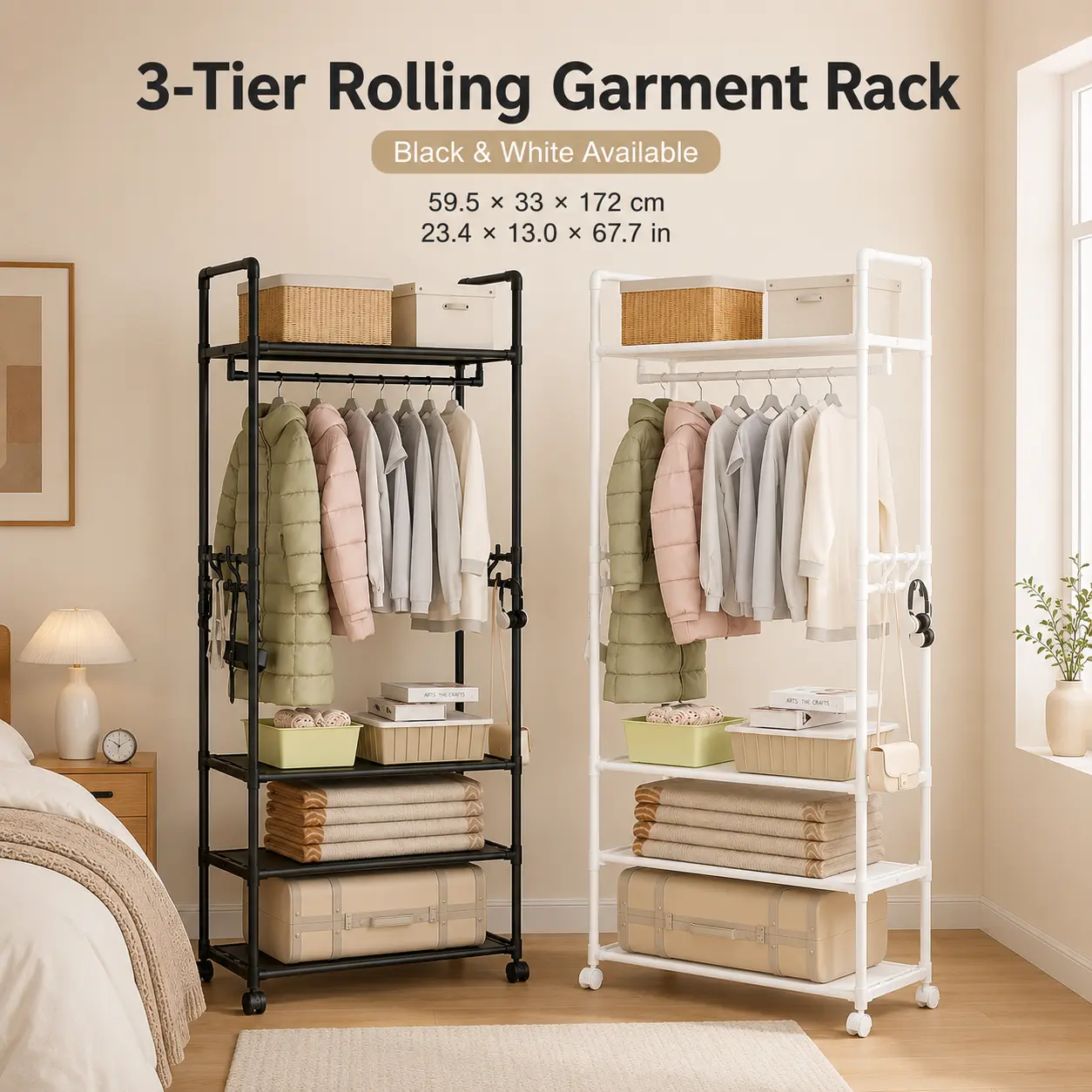 3-Tier Rolling Garment Rack with Hanging Rod, Side Hooks, and Storage Shelves - Mobile Home Organizer for Bedroom, Closet (Black or White)