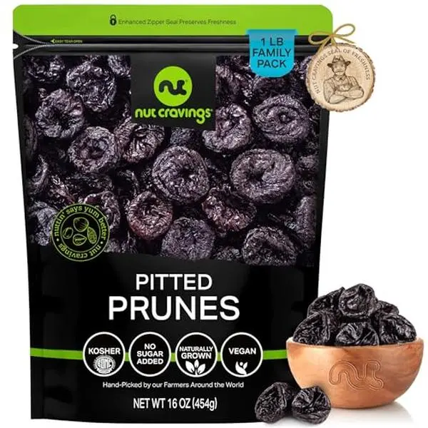 NUT CRAVINGS - Dried Prunes Pitted Unsweetened, Dry Plums No Sugar Added, Unsulphured (16oz, 1 LB) Sweet Healthy Snack, Vegan, Kosher, Resealable Bag