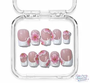 GakuNails SAKURA FRENCH #2 Handmade Press-On Gel False Nails, 10PCS Short Square Multi-Pack, 3D Flower & Floral Rhinestone Embellished, Reusable Builder Gel, Size-Selectable Press On Nail