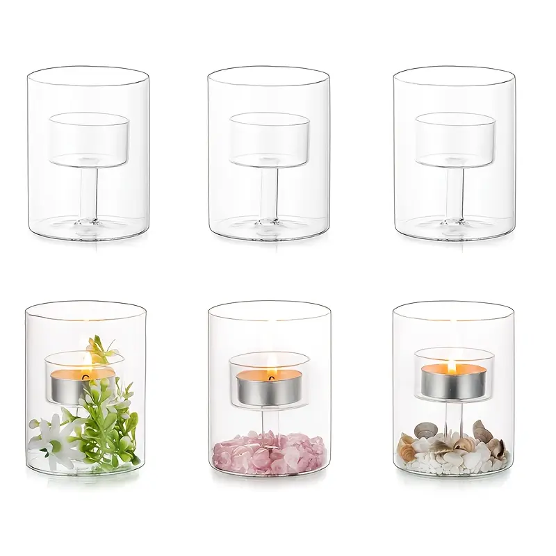 6 Glass Tea Light Candle Holders - 3.15" Tall Small Hurricane Candleholders, Modern Home Decor for Dining Table Centerpiece, Wedding Party Decorations