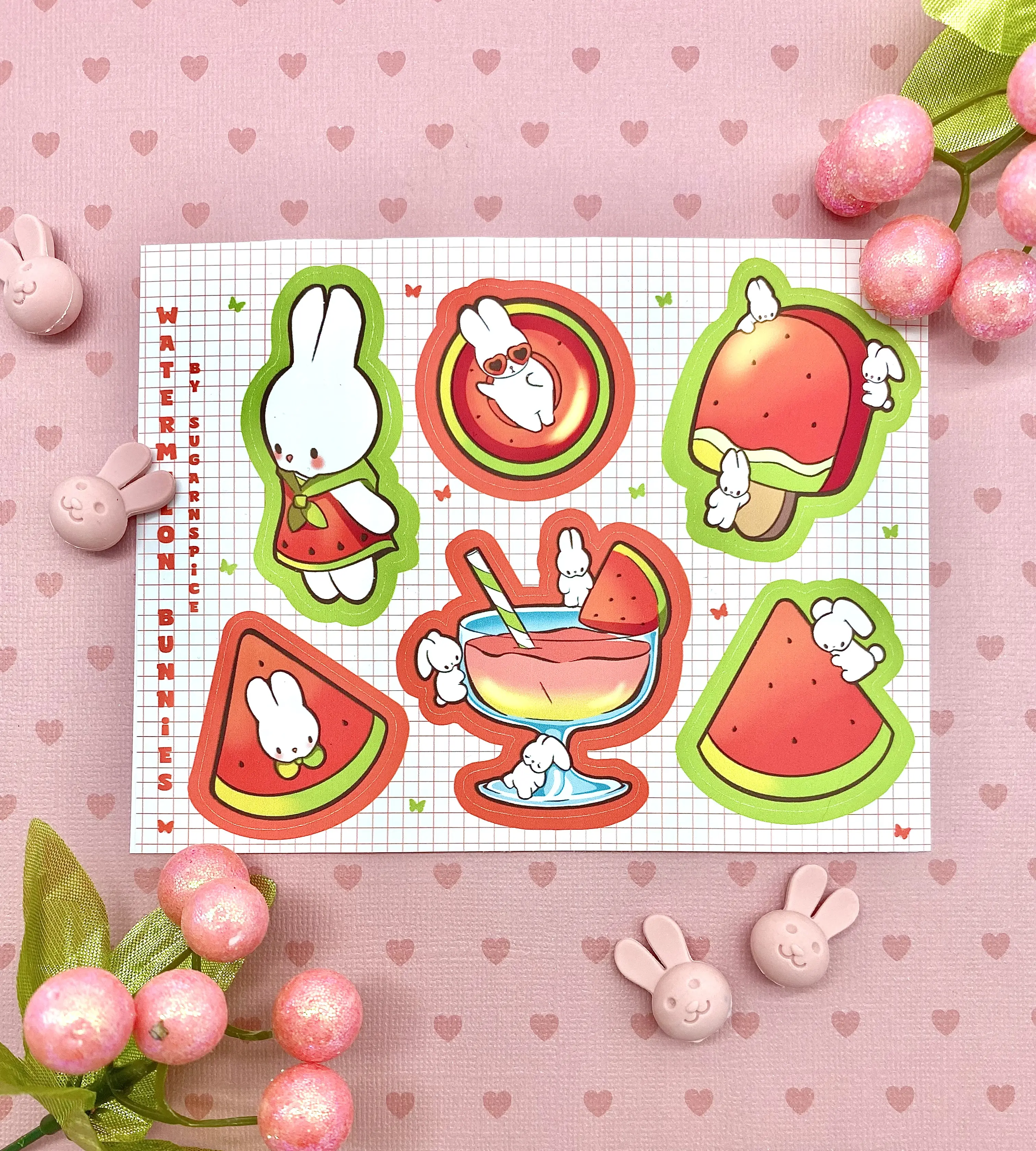 Watermelon Bunnies Sticker Sheet (Matte Finish)