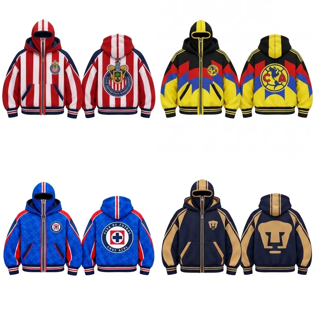 Mexican Club Full Zip Mask Hoodie, Striped Athletic Crest Mask Sweatshirt, Oversized Heavyweight Fleece Streetwear Jacket, Game Day Tailgate Windproof Sports Outerwear, Casual Warm Hooded Track Top Gift For Men Women
