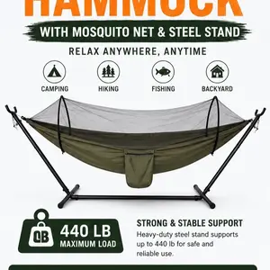 Camping Hammock with Mosquito Net & Adjustable Stand, Portable Outdoor Hammock, 440lb Capacity