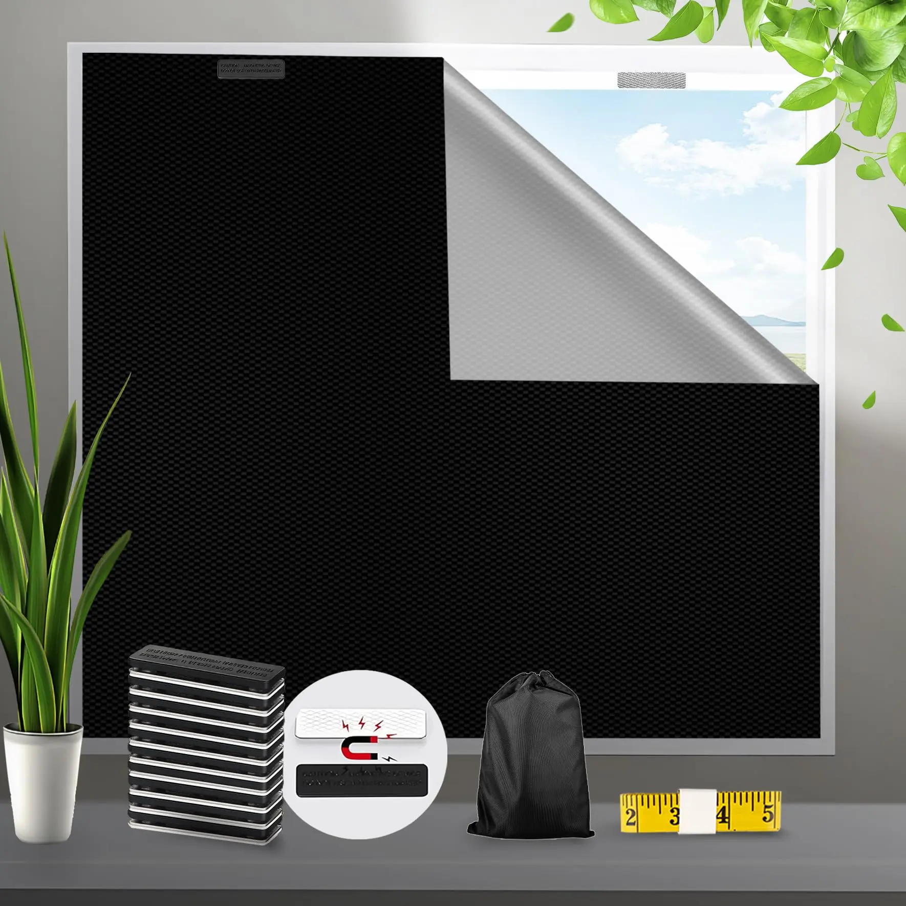 100% Blackout Magnetic Temporary Window Shade 138"W * 57"L In, Cuttable Waterproof Thermal Light Blocking Blind, Easy Install Removable No Drill Curtain For Bedroom, Nursery & Travel