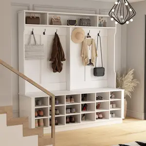 FUFU&GAGA Living Room Extra Wide Modern Hall Tree with Storage Bench, 4-in-1 Entryway Bench with Coat Rack, Shelves & Storage Cubes White Furniture White Wardrobe Cabinet
