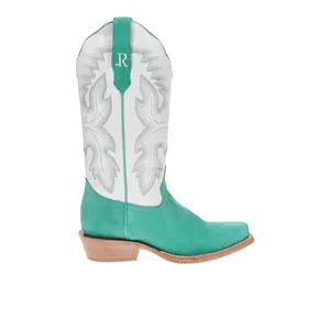 R. Watson Boots Womens Boar Narrow Embroidered Square Toe  Casual Boots Mid Calf Low Heel 1-2" - Green