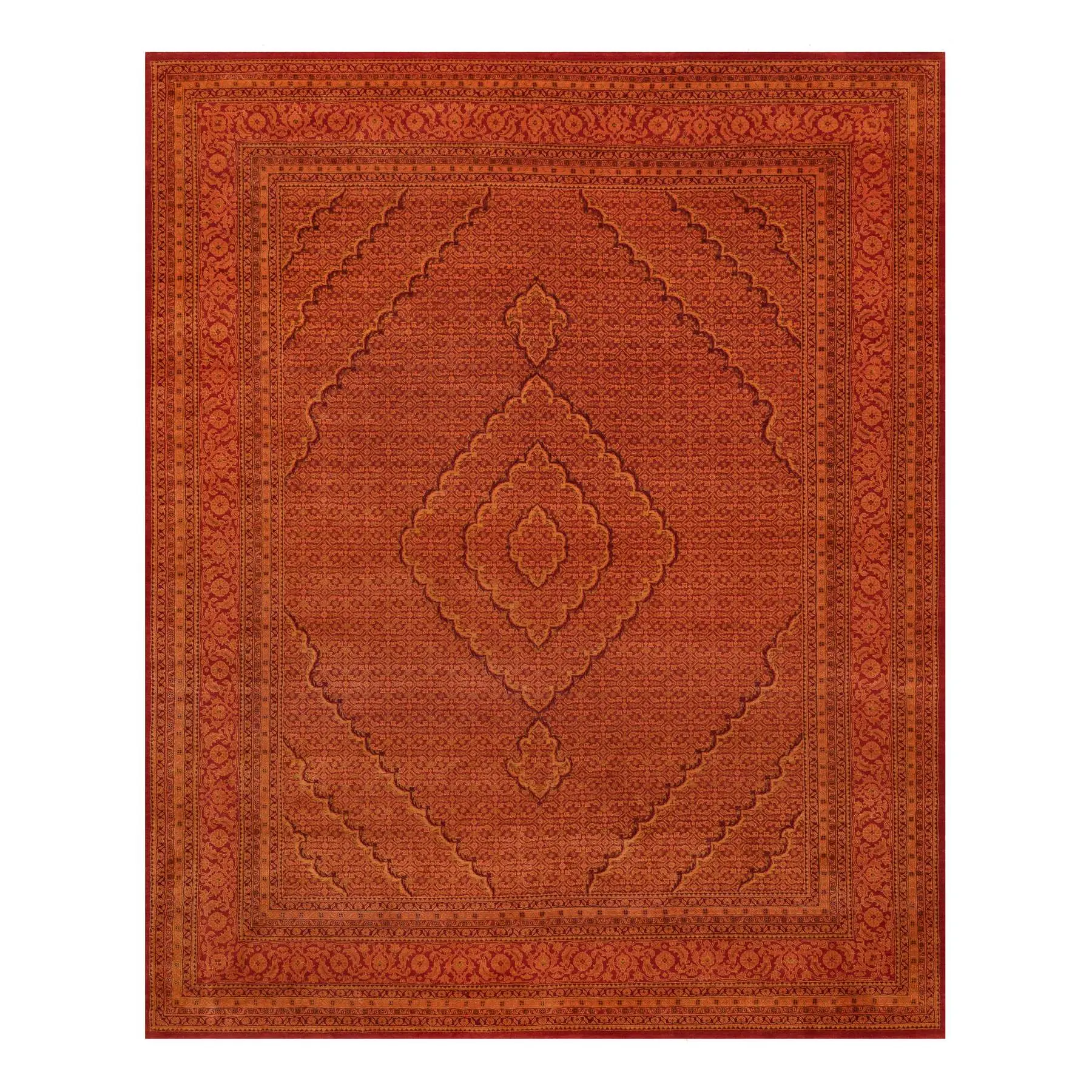 Spicy Orange, Wool and Silk, Tabriz Mahi, Hand Knotted Tone on Tone, Oriental Rug (8'1"x10'1")