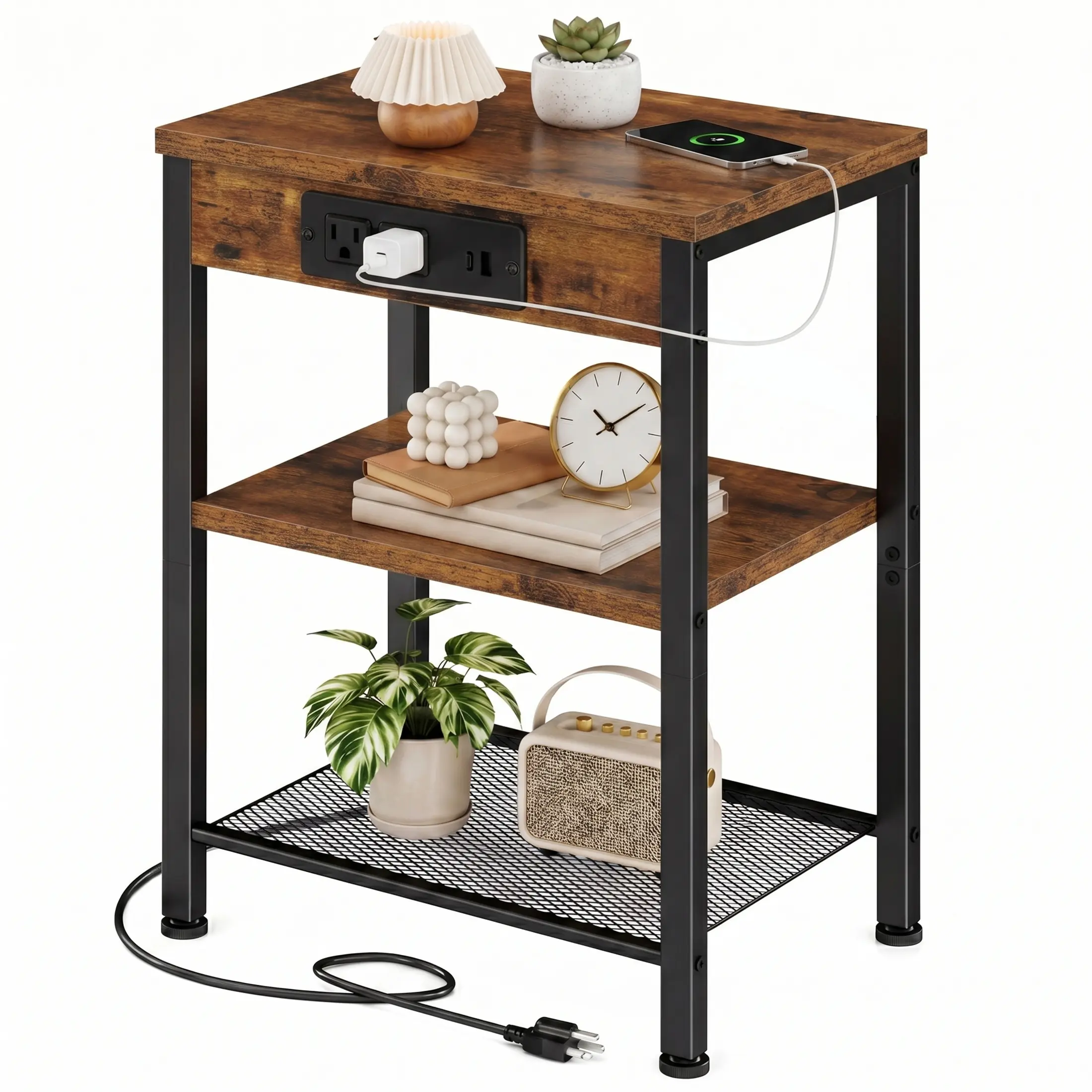 Side Table with Charging Station & USB Ports, 3-Tier End Table with Adjustable Shelf for Small Spaces, Nightstand for Living Room, Bedroom & Balcony