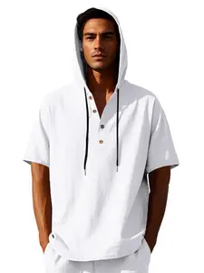 Men's Summer Linen Henley Shirt, Casual Loose-Fit Beachwear, European & American Style, Short Sleeve, Button-Down Design