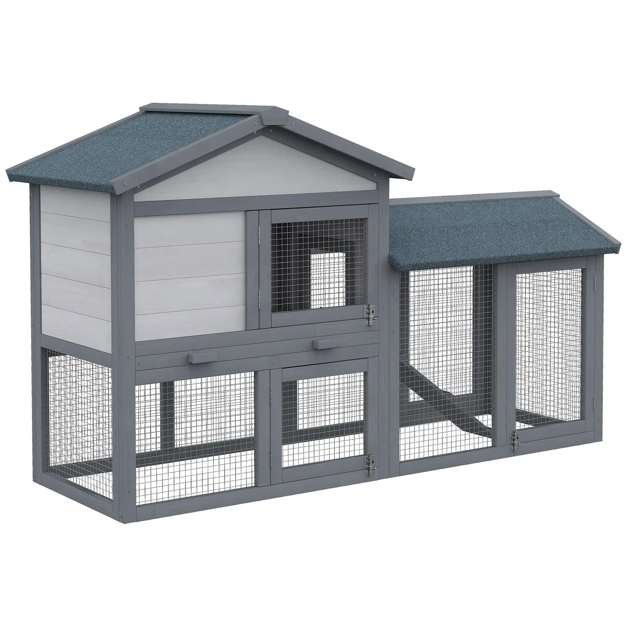 PawHut 58" Large Rabbit Hutch Outdoor Indoor, Wooden Bunny Hutch, Guinea Pig Cage with Run, Removable Tray, Asphalt Roof, Lockable Doors and Ramp, for 1-2 Small Rabbits, Gray