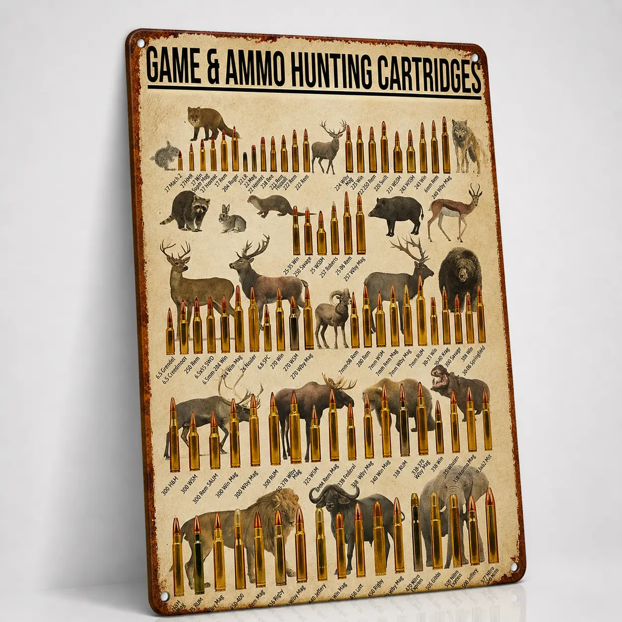 Vintage Aluminium Rectangular Game & Ammo Hunting Cartridges Chart Metal Sign, 8x12in Wall Plaque, Gun Hunters' Cave-Garage Decor, Indoor Decor, Hunter's Tribute Gift