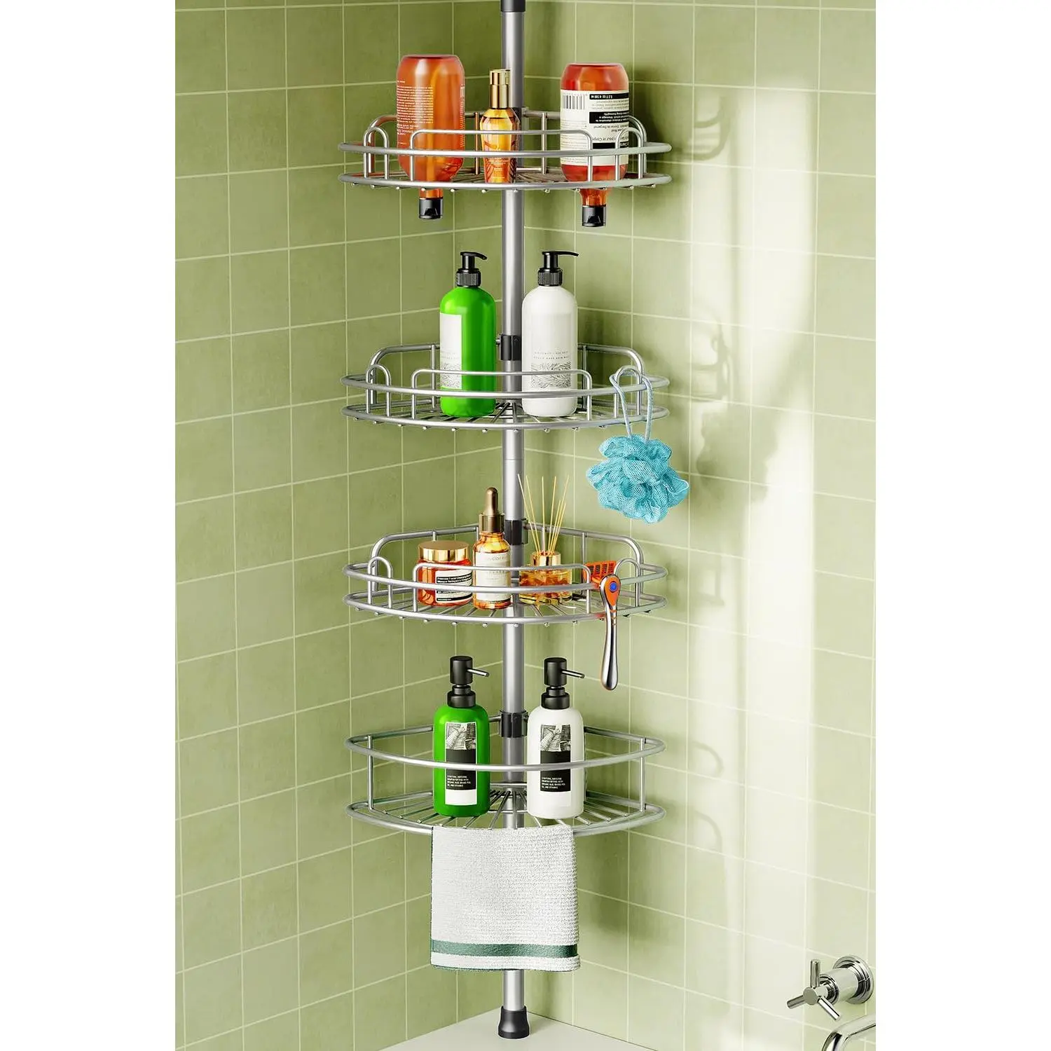 Silver Gray Square 4-Layer Rust-Proof Waterproof Shower Organizer, Telescopic Rod Drill-Free Quick-Install Bathroom Caddy, 47-121in Adjustable Shelves, Renter-Friendly Space-Saving Bathroom Accessory