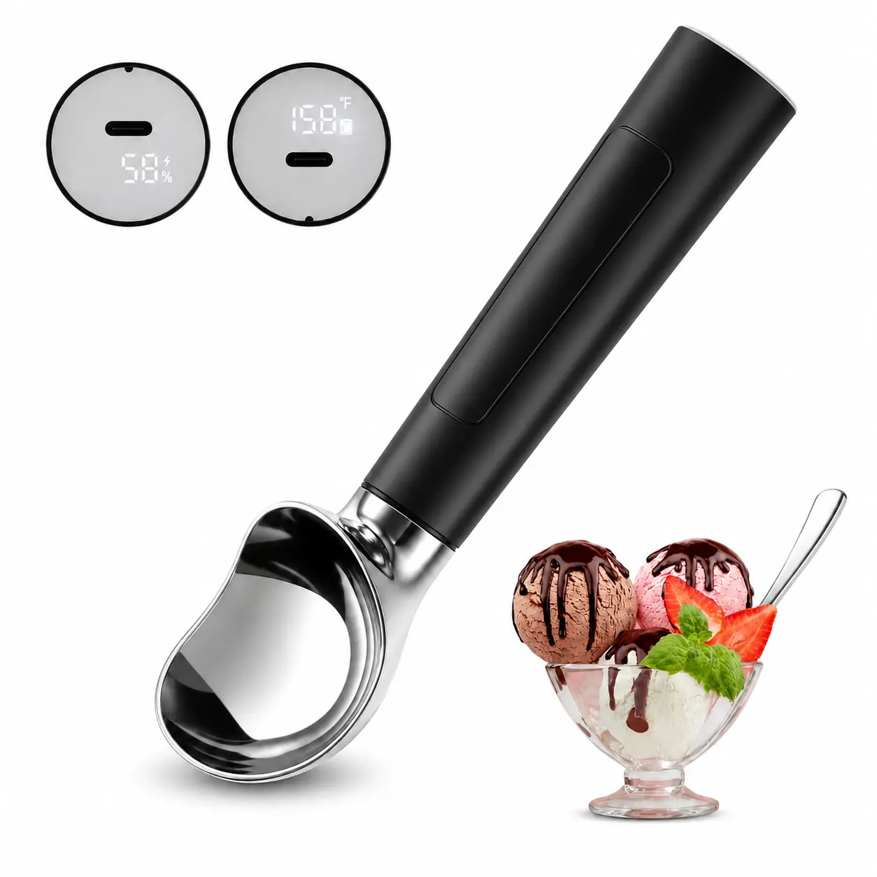 Heated Ice Cream Scoop - Rechargeable Electric Scooper for Hard Frozen Ice Cream, 158°F Fast Heating, LED Display, Food-Grade IP67 Waterproof, Cordless for Seniors & Kids