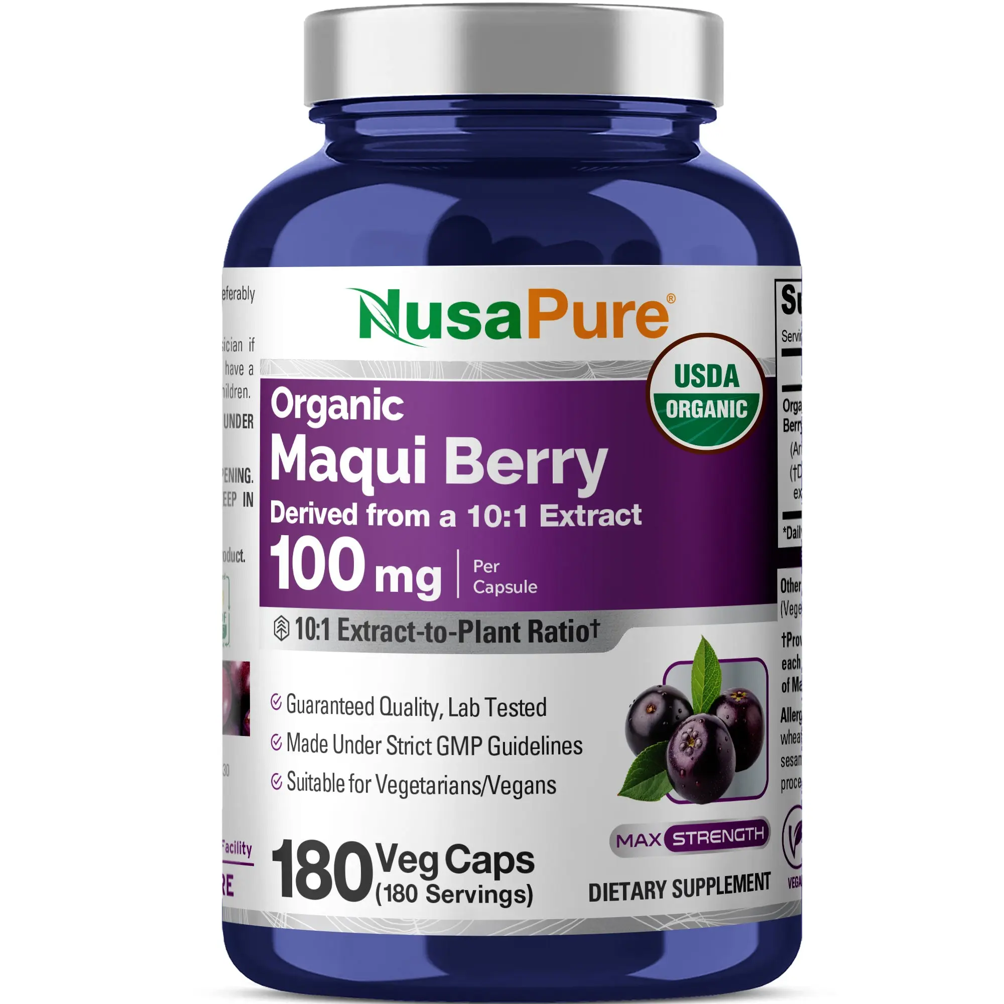 NusaPure Certified Organic Maqui Berry 10:1 Extract Capsules - 100mg, 180 Veg Caps, Adult Vegan/Vegetarian Supplement Stack for Body Health, Metabolism, Anti-Aging, GMO-Free, Made Under Strict GMP Guidelines
