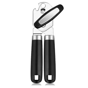 Can Opener Manual with Bottle Opener, Smooth Edge Cut, Ergonomic Side Cut Design, Comfortable Soft Handle, Built-in Bottle Opener, Black - Durable & Safe Kitchen Tool for Home, Restaurant, Camping, Restaurant Kitchen Equipment