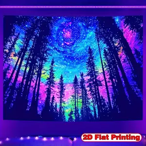 1pc UV-reactive neon galaxy tapestry. Glows with forest night sky design under blacklight. 2D flat polyester, no electricity needed. Easy peel & stick installation. Perfect for game rooms, dorms, parties, or themed events. Vibrant for indoo