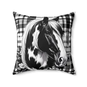 Equestrian Chic Black and White Horse Plaid Designer Throw Pillow - Farmhouse Style Accent for Home Decor - Cute Living Room Throw Pillows!