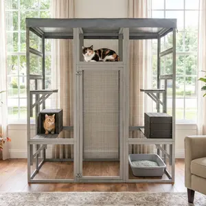 62.6" Wooden Catio for Cats, Large Cat Enclosure with Waterproof cover, 2 Napping House, Platforms & Galvanized Metal Wire – Secure Pet Cage Shelter