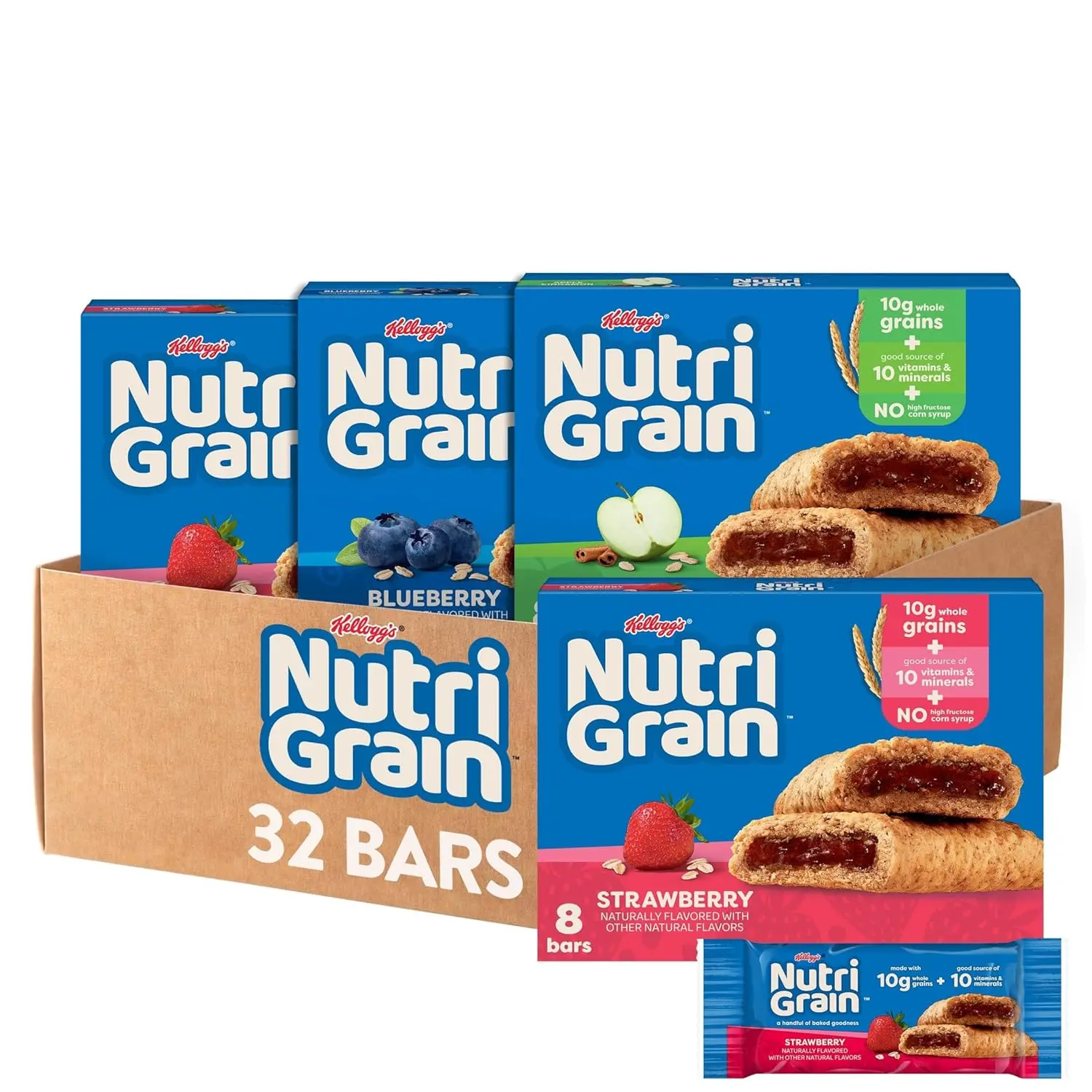 Nutri-Grain Breakfast Bars, Made with 10g Whole Grains, Kids Snacks, 3-Flavor Variety Pack (4 Boxes, 32 Bars)