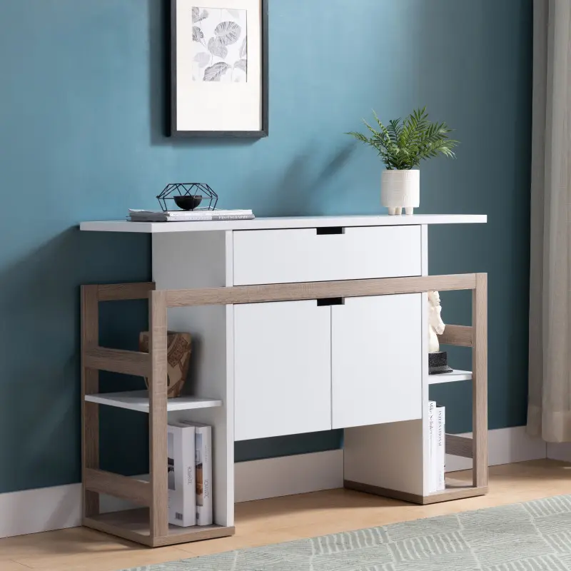 2-Tone Freestanding Kitchen Buffet Organizing Cabinet - 4 Shelves, Double Door, Drawers, Easy Access White & Dark Taupe Dining Room Furniture, Two Tone, Double Door Dining Room Furniture