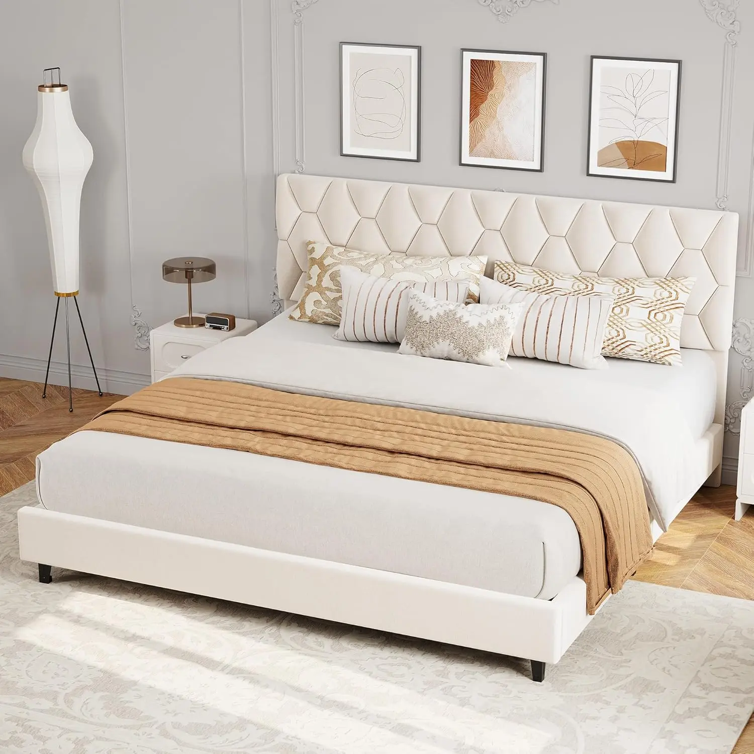 GAOMON Contemporary Upholstered King Bed Frame with Diamond Upholstered Headboard, Heavy-Duty Platform Bed with Strong Wood Slats, No Box Spring Needed, Noise-Free, Easy Assembly, Ivory White, Contemporary Upholstered Bed