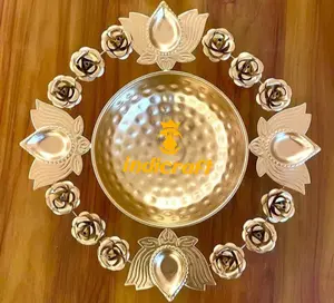 Traditional Aesthetic Gold Accents Urli Bowl, Metal Tableware with Attached Lotus Diyas and Rose Motifs, Gold Accents Bowls